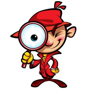 Cartoon spy inspector with red burberry looking with a big eye through huge magnifying glass smiling and closing one eye